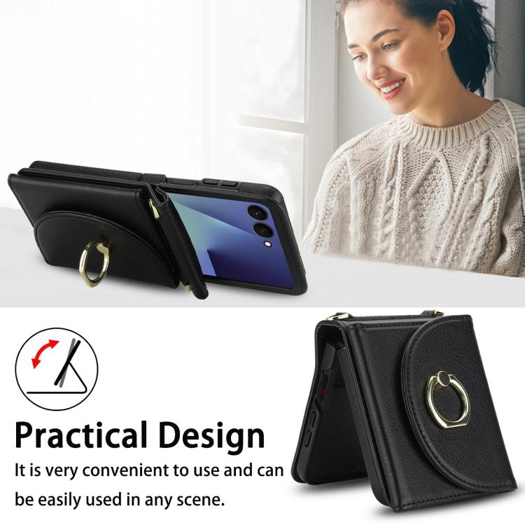 For Samsung Galaxy Z Flip7 5G YM029 Fold Crossbody Ring Clasp RFID Wallet Phone Case