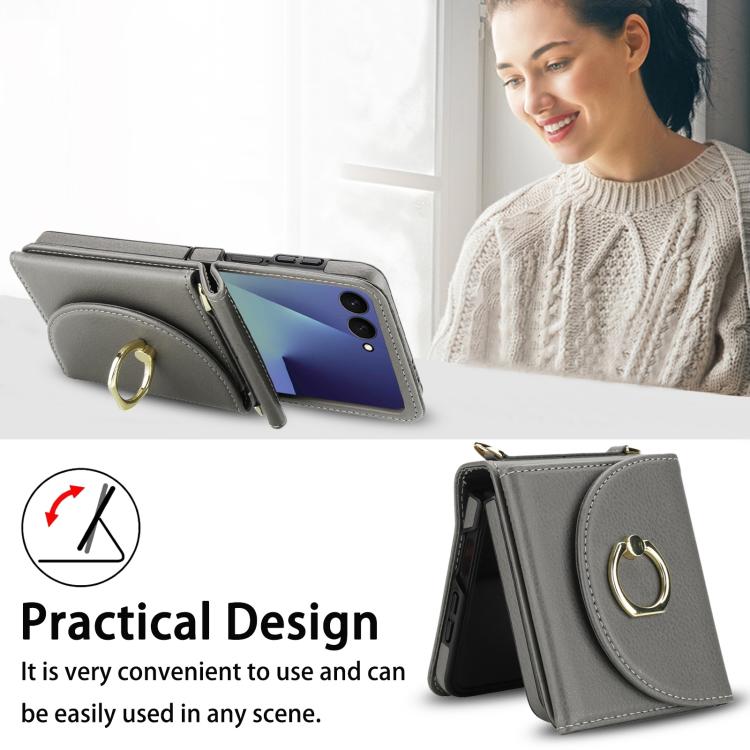 For Samsung Galaxy Z Flip7 5G YM029 Fold Crossbody Ring Clasp RFID Wallet Phone Case