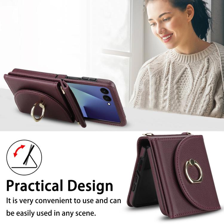 For Samsung Galaxy Z Flip7 5G YM029 Fold Crossbody Ring Clasp RFID Wallet Phone Case