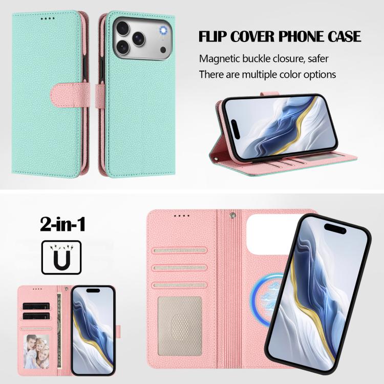 For iPhone 17 Pro Max Detachable Litchi Texture Magnetic Side-Patch Vegan Leather Phone Case