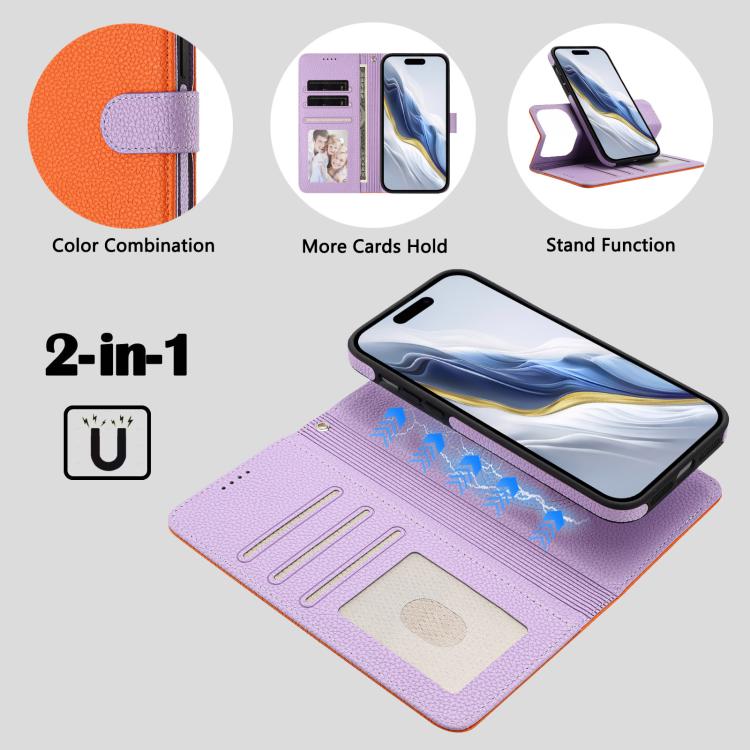 For iPhone 17 Pro Max Detachable Litchi Texture Magnetic Side-Patch Vegan Leather Phone Case
