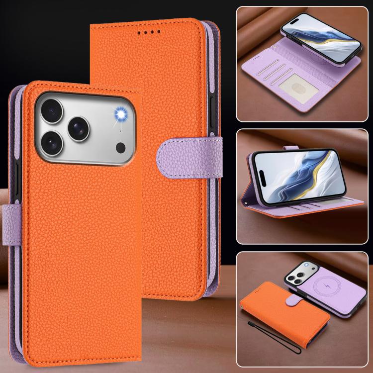 For iPhone 17 Pro Max Detachable Litchi Texture Magnetic Side-Patch Vegan Leather Phone Case