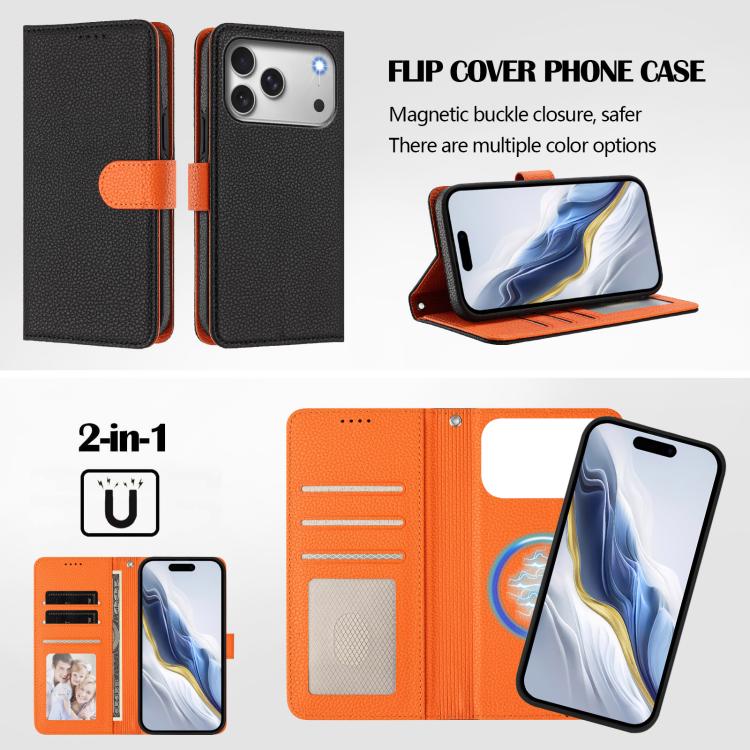 For iPhone 17 Pro Max Detachable Litchi Texture Magnetic Side-Patch Vegan Leather Phone Case