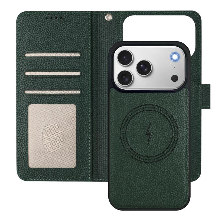For iPhone 17 Pro Max Detachable Litchi Texture Magnetic Side-Patch Vegan Leather Phone Case