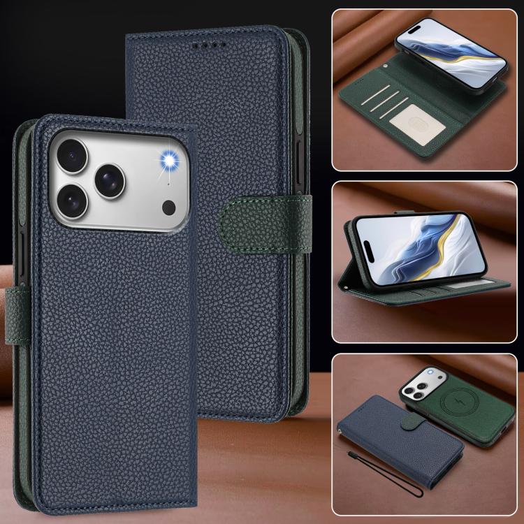 For iPhone 17 Pro Max Detachable Litchi Texture Magnetic Side-Patch Vegan Leather Phone Case