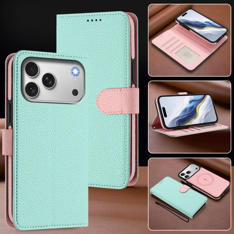 For iPhone 17 Pro Detachable Litchi Texture Magnetic Side-Patch Vegan Leather Phone Case