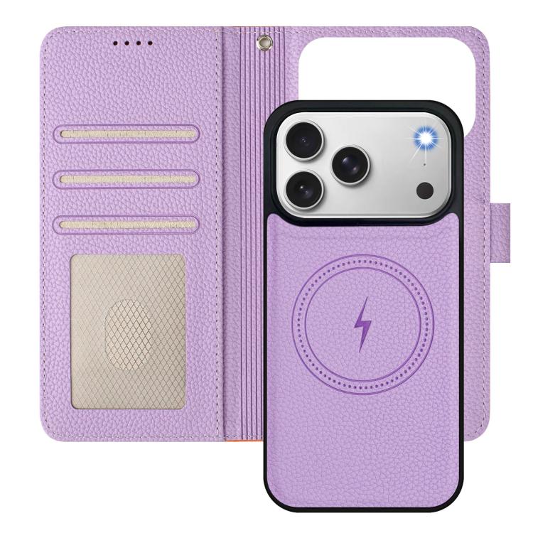 For iPhone 17 Pro Detachable Litchi Texture Magnetic Side-Patch Vegan Leather Phone Case