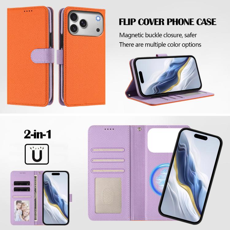 For iPhone 17 Pro Detachable Litchi Texture Magnetic Side-Patch Vegan Leather Phone Case