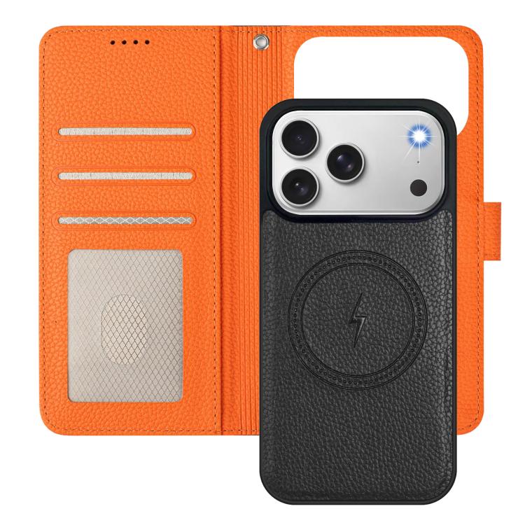 For iPhone 17 Pro Detachable Litchi Texture Magnetic Side-Patch Vegan Leather Phone Case