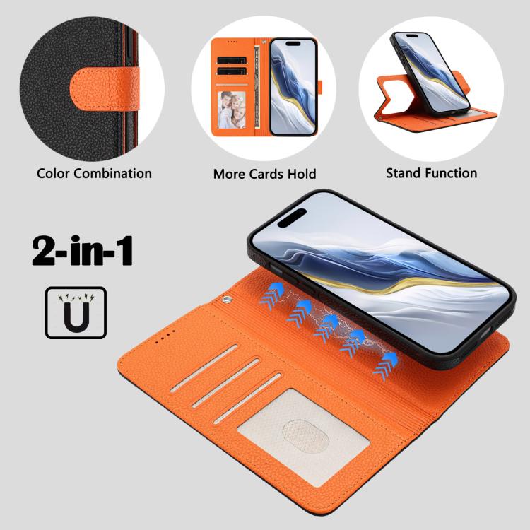 For iPhone 17 Pro Detachable Litchi Texture Magnetic Side-Patch Vegan Leather Phone Case