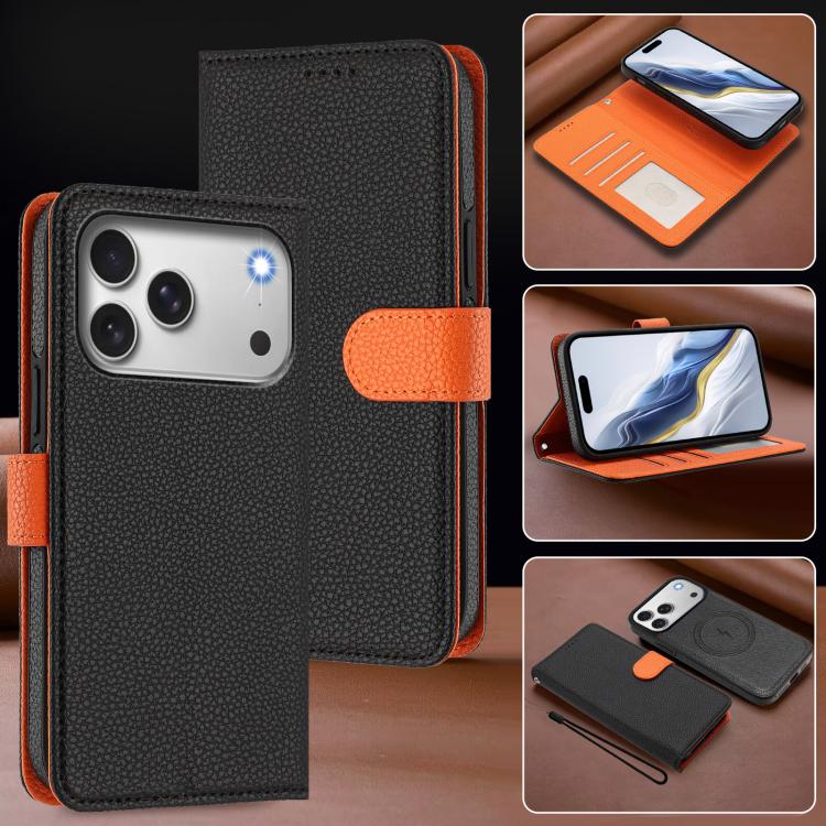 For iPhone 17 Pro Detachable Litchi Texture Magnetic Side-Patch Vegan Leather Phone Case
