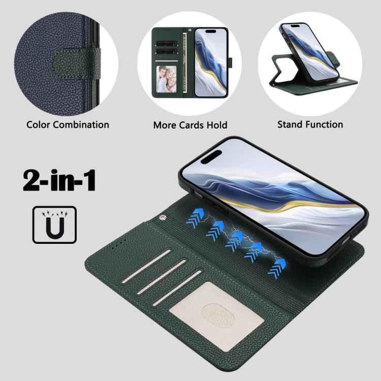 For iPhone 17 Pro Detachable Litchi Texture Magnetic Side-Patch Vegan Leather Phone Case
