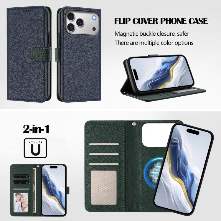 For iPhone 17 Pro Detachable Litchi Texture Magnetic Side-Patch Vegan Leather Phone Case