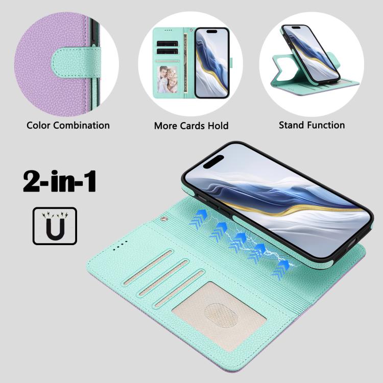 For iPhone 17 Pro Detachable Litchi Texture Magnetic Side-Patch Vegan Leather Phone Case
