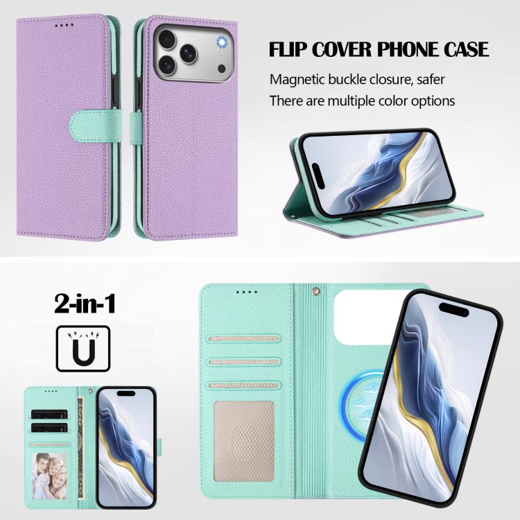 For iPhone 17 Pro Detachable Litchi Texture Magnetic Side-Patch Vegan Leather Phone Case