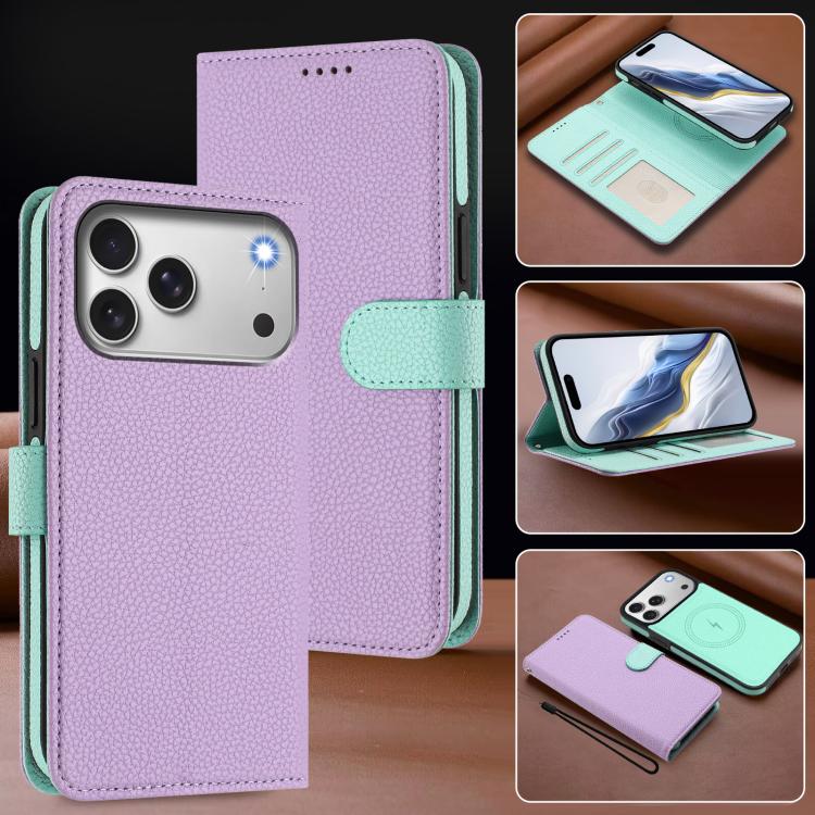 For iPhone 17 Pro Detachable Litchi Texture Magnetic Side-Patch Vegan Leather Phone Case