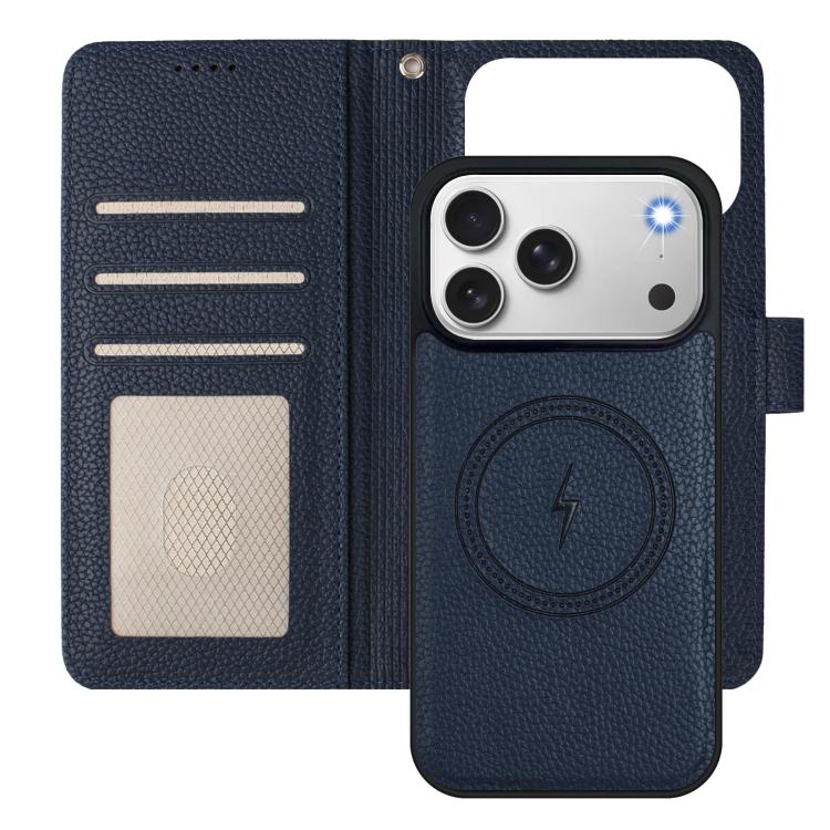 For iPhone 17 Pro Detachable Litchi Texture Magnetic Side-Patch Vegan Leather Phone Case