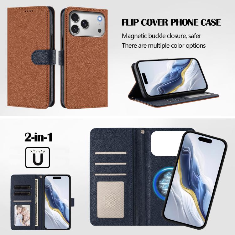 For iPhone 17 Pro Detachable Litchi Texture Magnetic Side-Patch Vegan Leather Phone Case