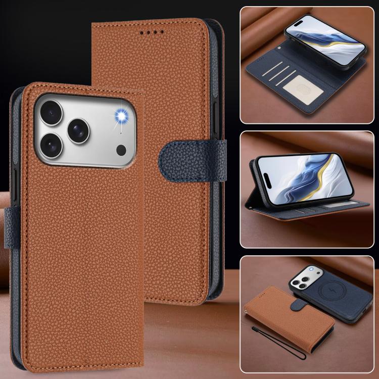 For iPhone 17 Pro Detachable Litchi Texture Magnetic Side-Patch Vegan Leather Phone Case