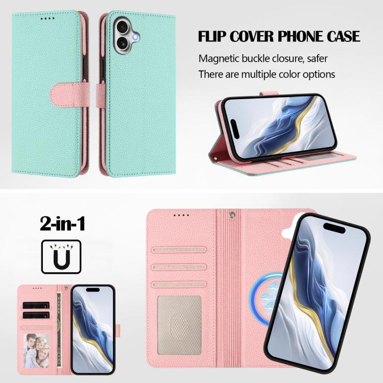 For iPhone 17 Detachable Litchi Texture Magnetic Side-Patch Vegan Leather Phone Case