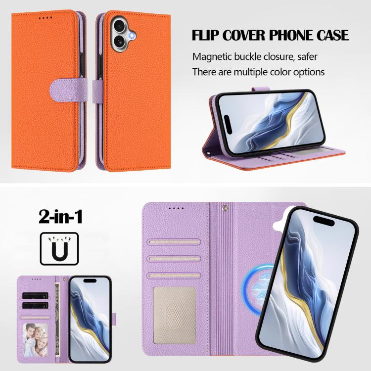 For iPhone 17 Detachable Litchi Texture Magnetic Side-Patch Vegan Leather Phone Case