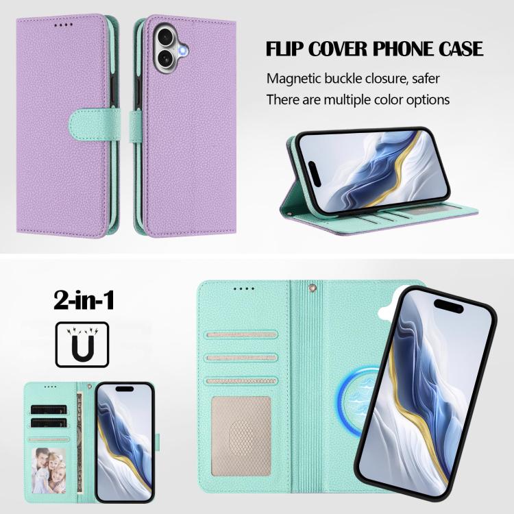For iPhone 17 Detachable Litchi Texture Magnetic Side-Patch Vegan Leather Phone Case