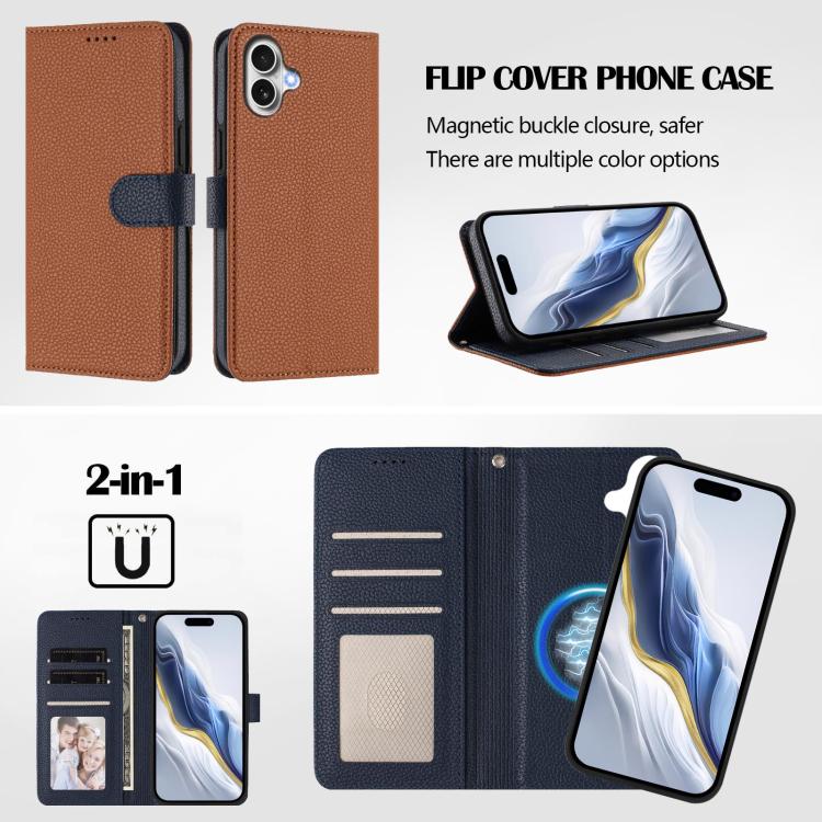For iPhone 17 Detachable Litchi Texture Magnetic Side-Patch Vegan Leather Phone Case