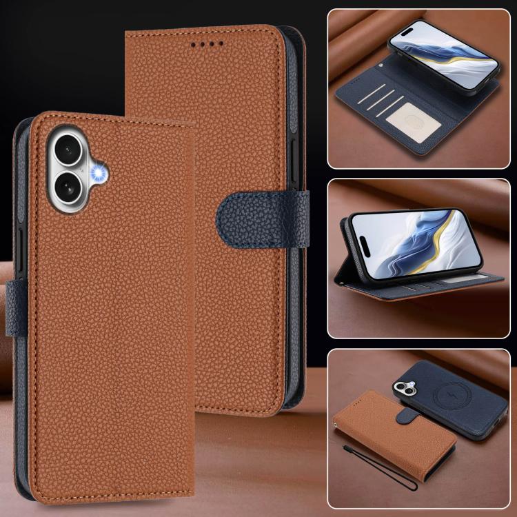 For iPhone 17 Detachable Litchi Texture Magnetic Side-Patch Vegan Leather Phone Case