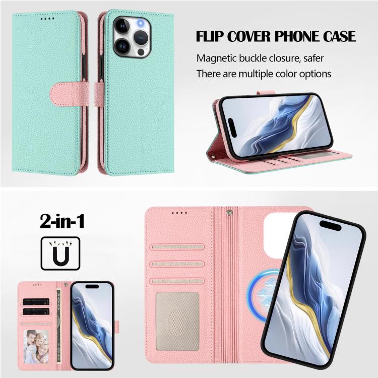For iPhone 16 Pro Max Detachable Litchi Texture Magnetic Side-Patch Vegan Leather Phone Case