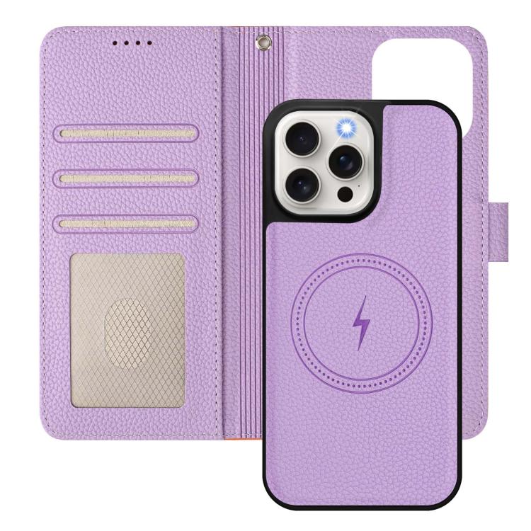 For iPhone 16 Pro Max Detachable Litchi Texture Magnetic Side-Patch Vegan Leather Phone Case