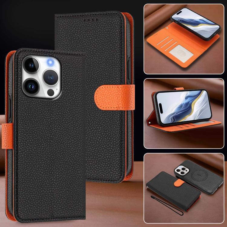 For iPhone 16 Pro Max Detachable Litchi Texture Magnetic Side-Patch Vegan Leather Phone Case