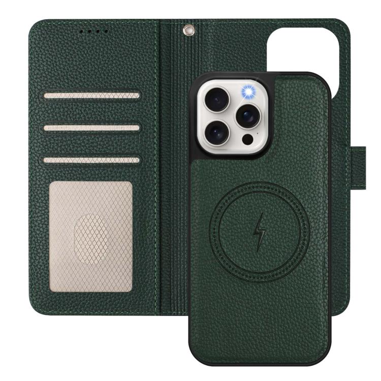 For iPhone 16 Pro Max Detachable Litchi Texture Magnetic Side-Patch Vegan Leather Phone Case