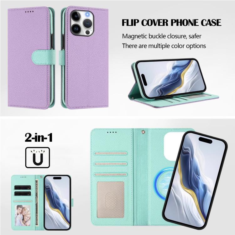 For iPhone 16 Pro Max Detachable Litchi Texture Magnetic Side-Patch Vegan Leather Phone Case
