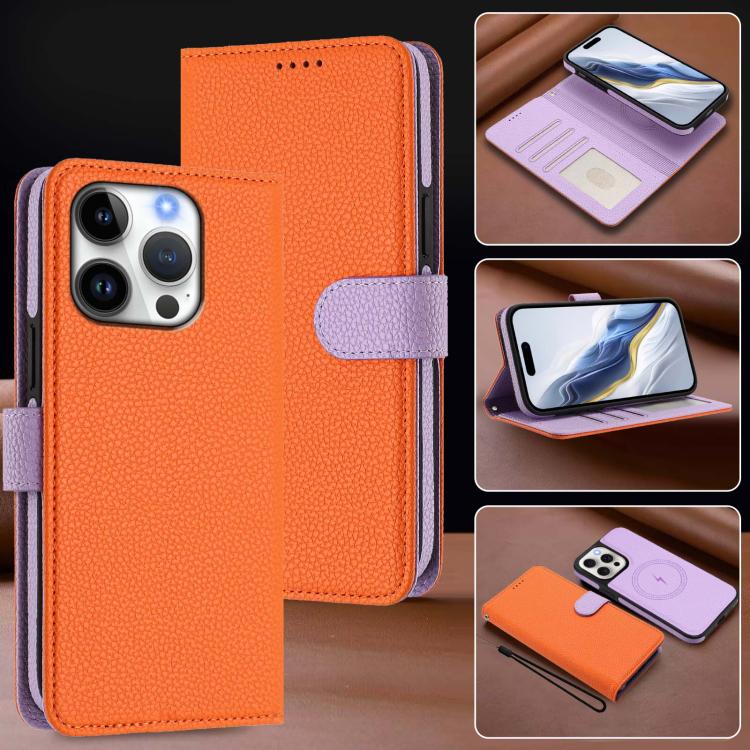 For iPhone 16 Pro Detachable Litchi Texture Magnetic Side-Patch Vegan Leather Phone Case