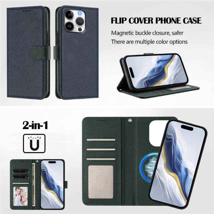For iPhone 16 Pro Detachable Litchi Texture Magnetic Side-Patch Vegan Leather Phone Case