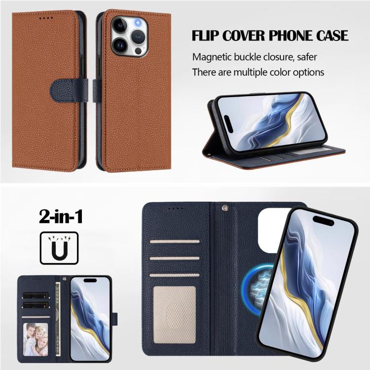 For iPhone 16 Pro Detachable Litchi Texture Magnetic Side-Patch Vegan Leather Phone Case