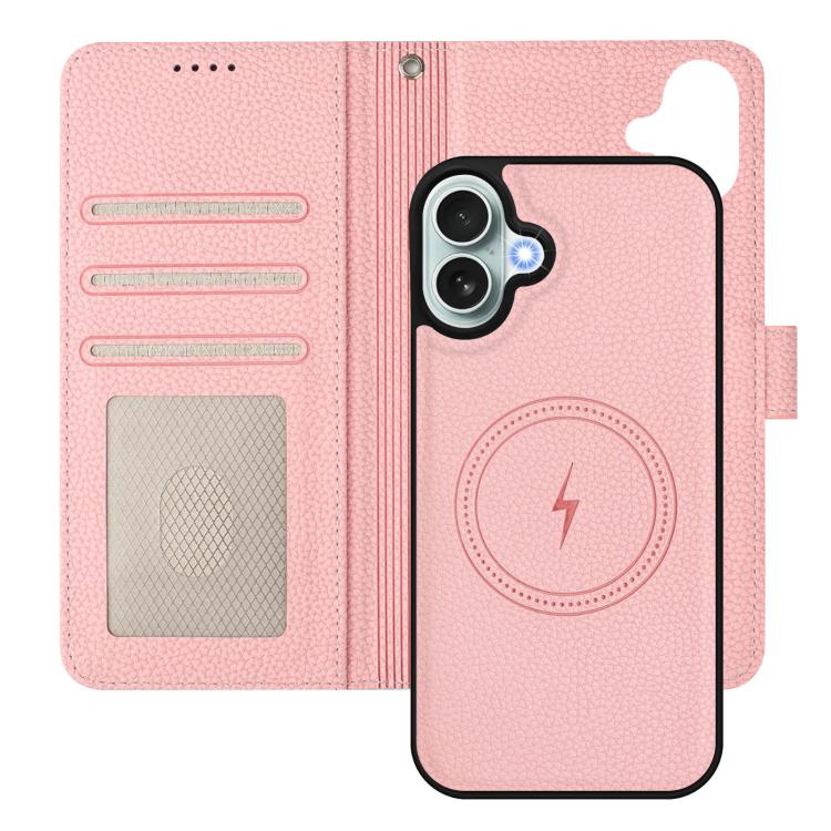 For iPhone 16 Plus Detachable Litchi Texture Magnetic Side-Patch Vegan Leather Phone Case