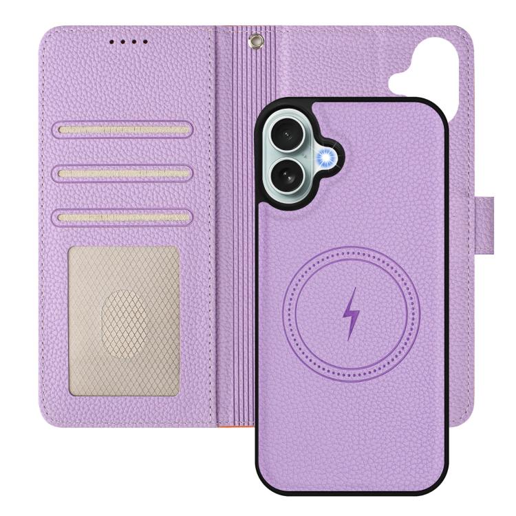For iPhone 16 Plus Detachable Litchi Texture Magnetic Side-Patch Vegan Leather Phone Case