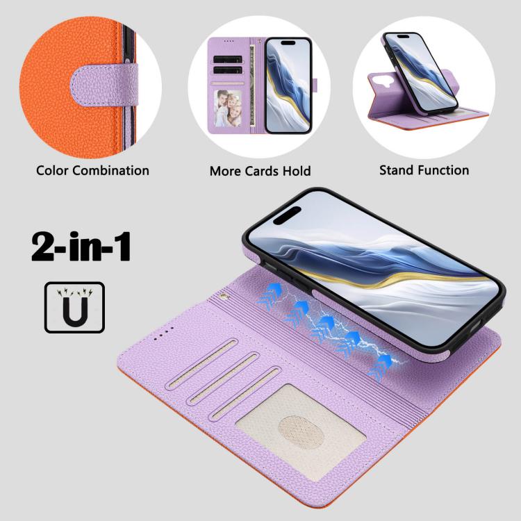 For iPhone 16 Plus Detachable Litchi Texture Magnetic Side-Patch Vegan Leather Phone Case