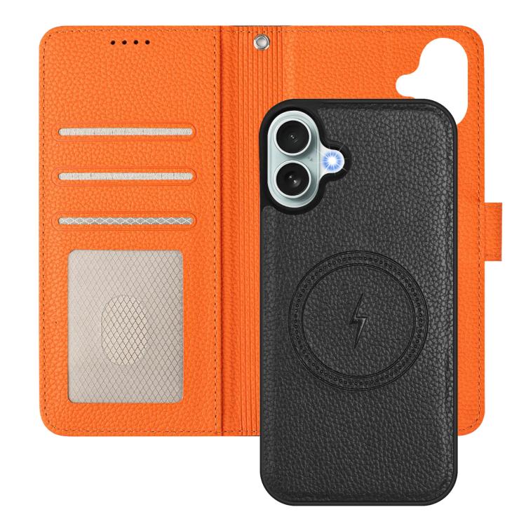 For iPhone 16 Plus Detachable Litchi Texture Magnetic Side-Patch Vegan Leather Phone Case