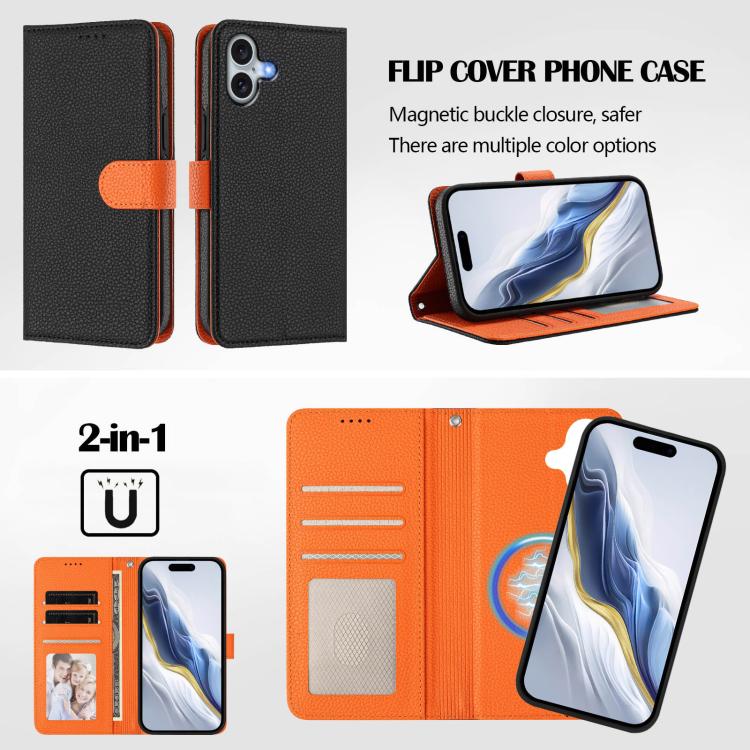 For iPhone 16 Plus Detachable Litchi Texture Magnetic Side-Patch Vegan Leather Phone Case