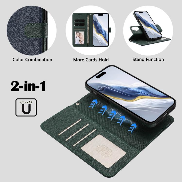 For iPhone 16 Plus Detachable Litchi Texture Magnetic Side-Patch Vegan Leather Phone Case