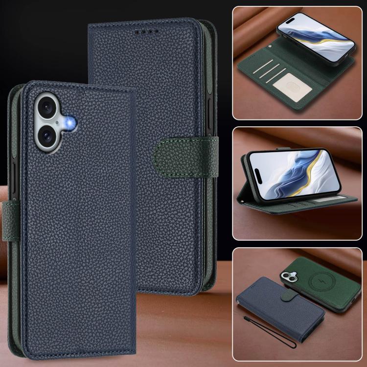For iPhone 16 Plus Detachable Litchi Texture Magnetic Side-Patch Vegan Leather Phone Case