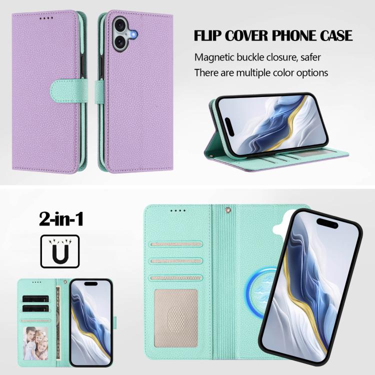 For iPhone 16 Plus Detachable Litchi Texture Magnetic Side-Patch Vegan Leather Phone Case