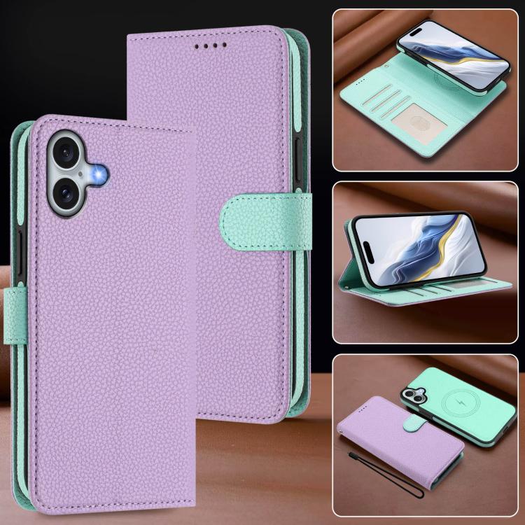 For iPhone 16 Plus Detachable Litchi Texture Magnetic Side-Patch Vegan Leather Phone Case