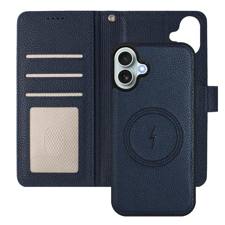 For iPhone 16 Plus Detachable Litchi Texture Magnetic Side-Patch Vegan Leather Phone Case