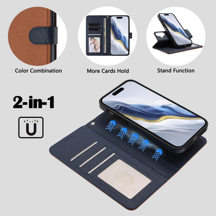 For iPhone 16 Plus Detachable Litchi Texture Magnetic Side-Patch Vegan Leather Phone Case
