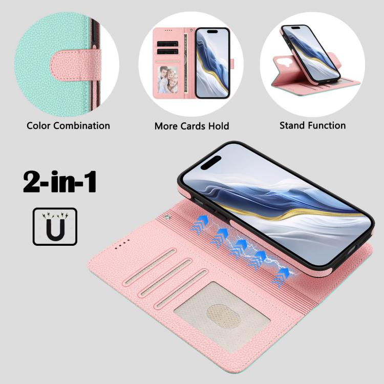 For iPhone 16 Detachable Litchi Texture Magnetic Side-Patch Vegan Leather Phone Case