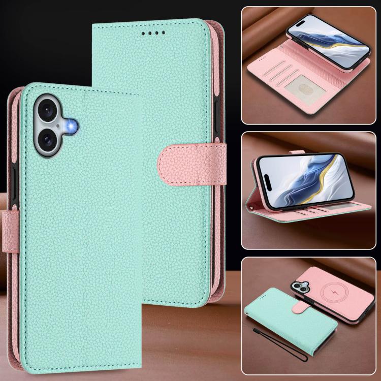 For iPhone 16 Detachable Litchi Texture Magnetic Side-Patch Vegan Leather Phone Case