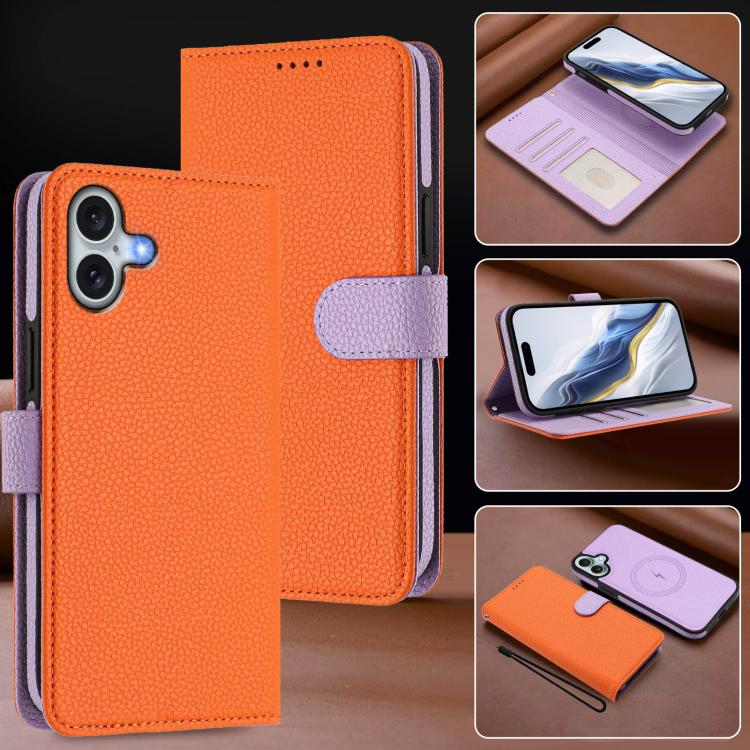 For iPhone 16 Detachable Litchi Texture Magnetic Side-Patch Vegan Leather Phone Case